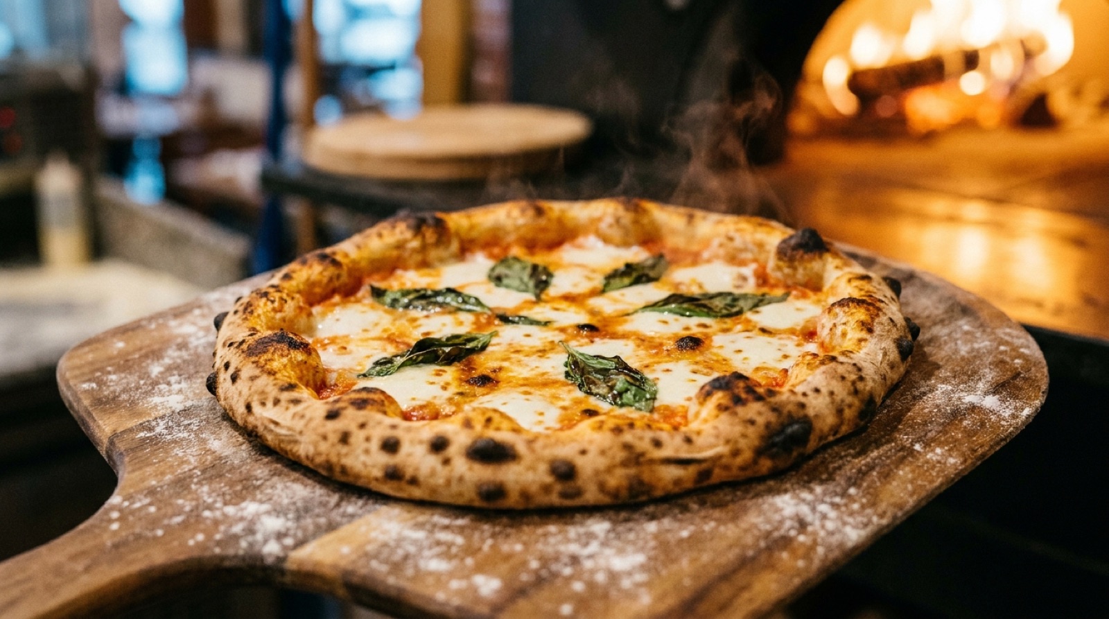 A wood-fired Neapolitan pizza fresh from the oven on a rustic peel